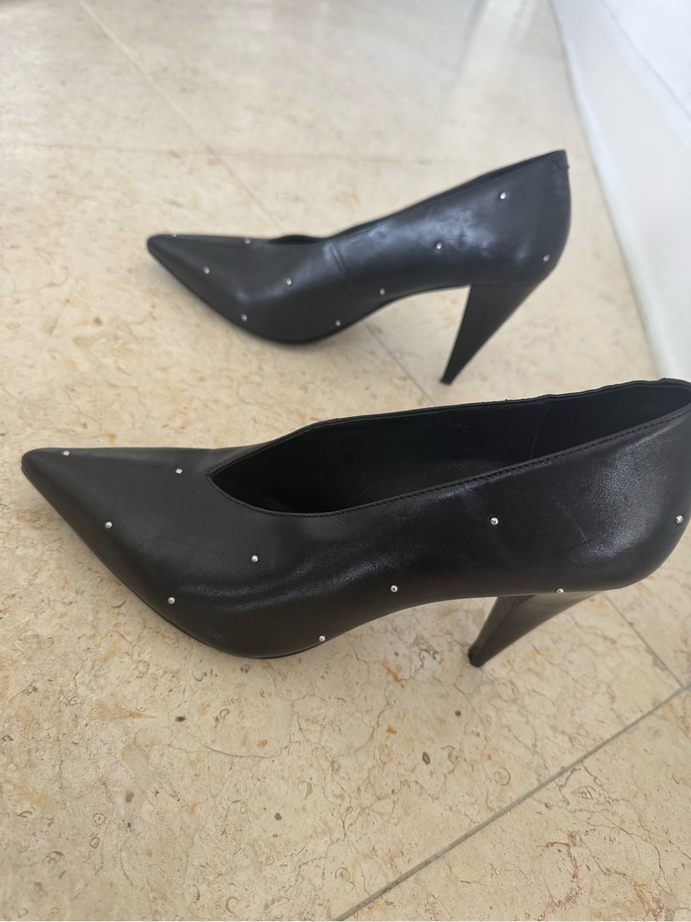 All Saints Black Pointed Leather Pumps with Silver Studs